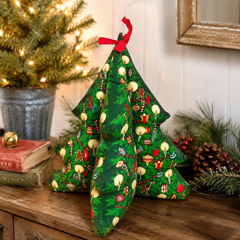 VTG Handmade Stuffed Fabric Christmas Tree Tabletop Holiday Decor Cottagecore